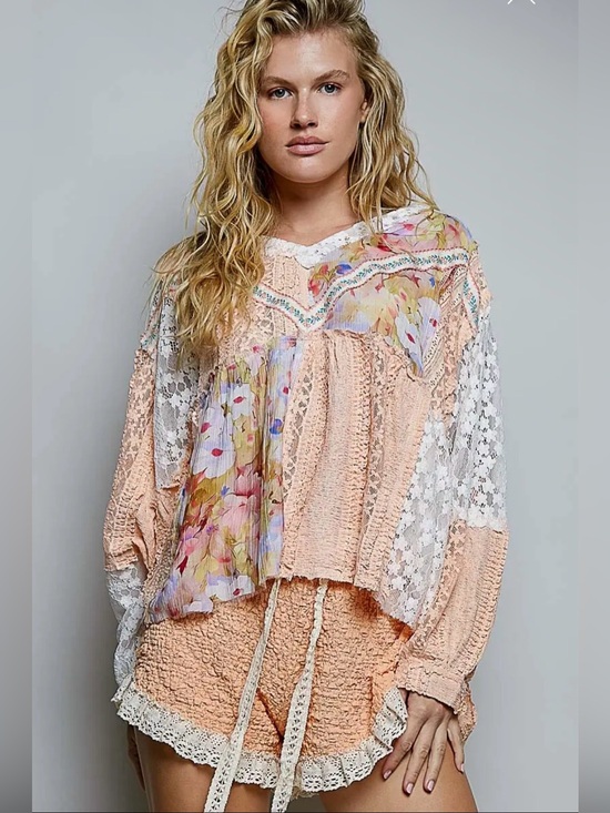 POL Tops - POL Apricot lace balloon sleeve boho patchwork floral blouse top pullover